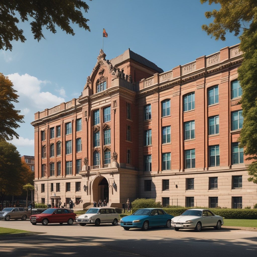 University building with students and cars in front